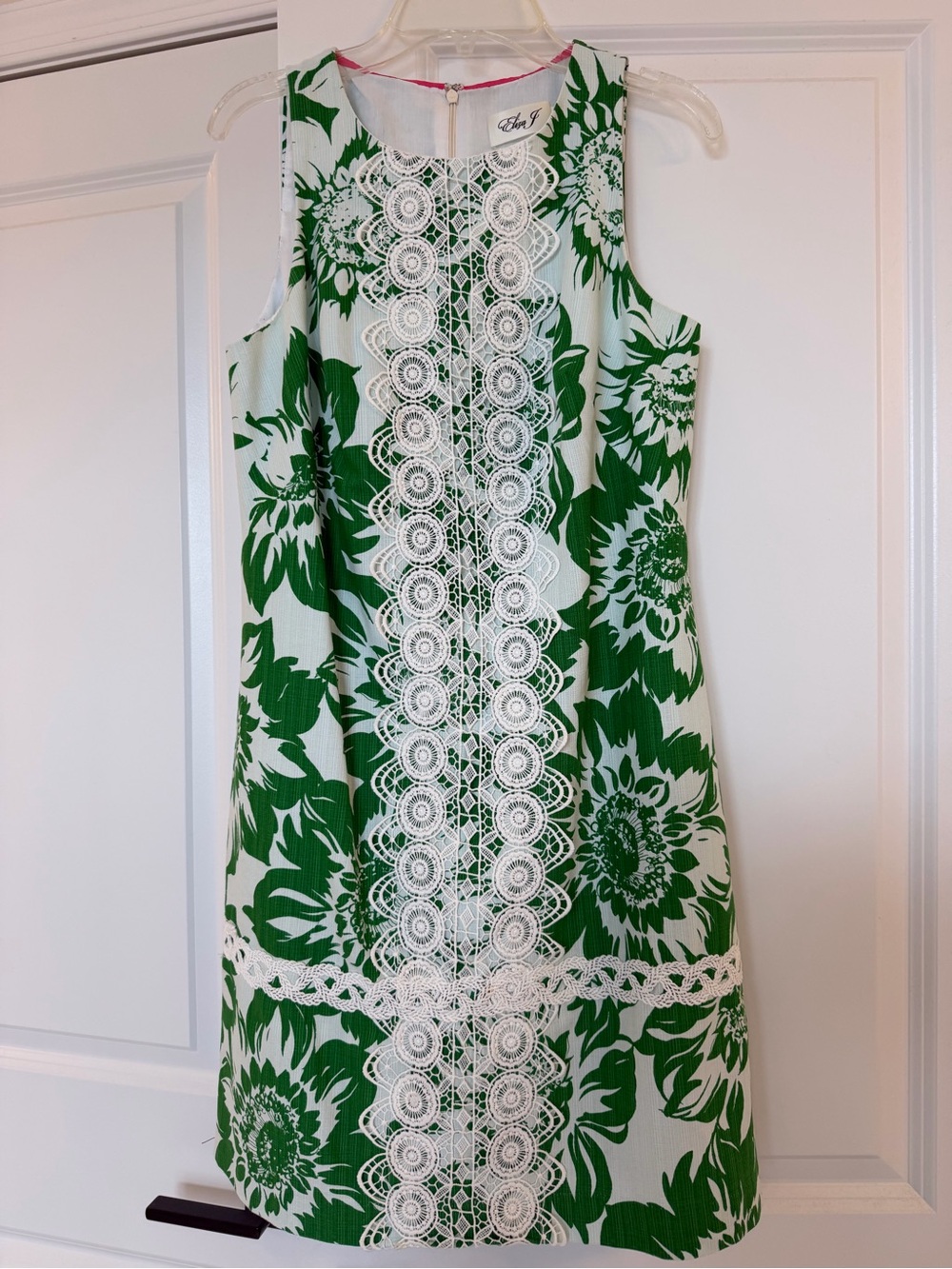 Eliza J Green and White Floral Lace-Trim Dress